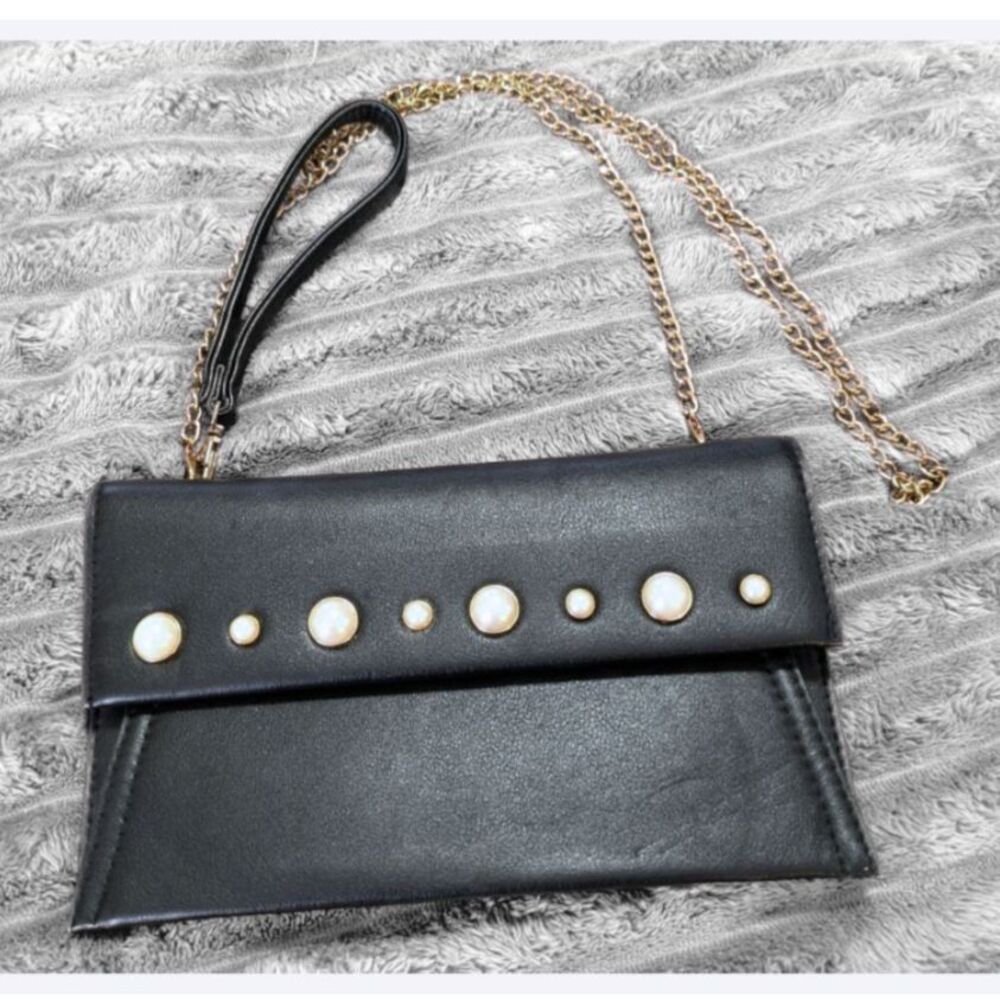 Vintage 90s Black Pearl Stud Clutch Crossbody Convertable Prom Wedding Glam